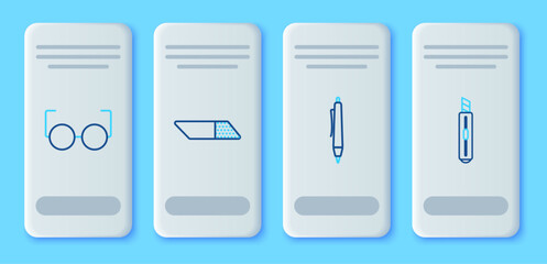 Set line Eraser or rubber, Pen, Glasses and Stationery knife icon. Vector