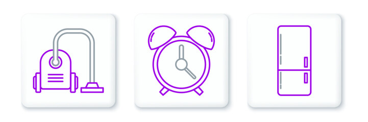 Set line Refrigerator, Vacuum cleaner and Alarm clock icon. Vector