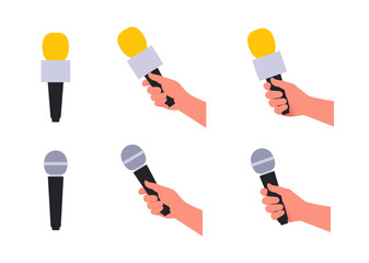 Set with hand holding microphones flat vector illustration