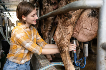 Friendly farmer Beautiful Caucasian woman with green eyes using suction machine milking cows at...