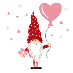Vector illustration with a 
dwarf  with a balloon and hearts on a white background. Congratulatory illustration Happy Valentine's Day for printing, banners, prints, social networks, etc.