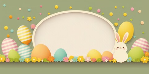 Cute easter empty space for text template illustrations with the bunny and colorful eggs in the basket by generative ai