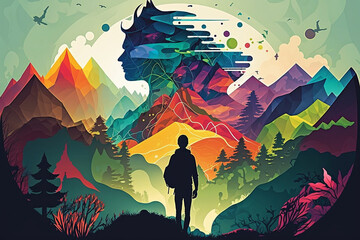 Fototapeta premium Illustration of small human in big colorful worl. Generative AI.