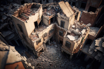 Fototapeta premium Earthquake aftermath in Turkey, Turkish victims, high-rise buildings, top view, destroyed houses, buildings, strong earthquake. Generative AI