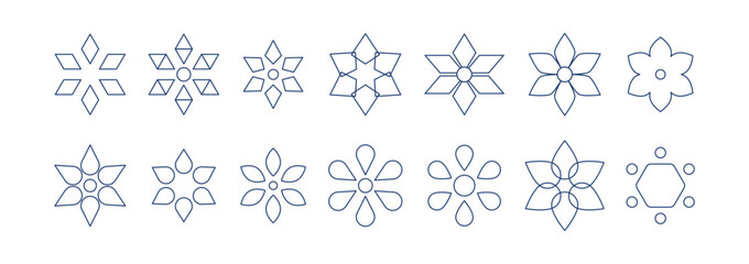 Six-pointed Jewish stars of David shaped geometric flowers in outline style, big set vector illustration with editable stroke