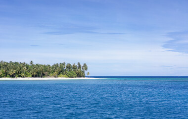 wide shot of a sunny remote tropical island with beach and palm trees in the sea