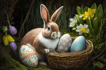 Cute easter illustrations with the bunny and colorful eggs in the basket by generative ai