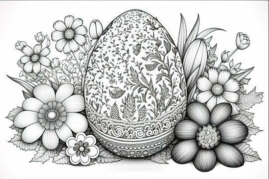 recommend clip art: Cute easter coloring page illustrations with decorative line art in black and white by generative ai