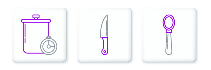 Set line Spoon, Cooking pot and kitchen timer and Knife icon. Vector