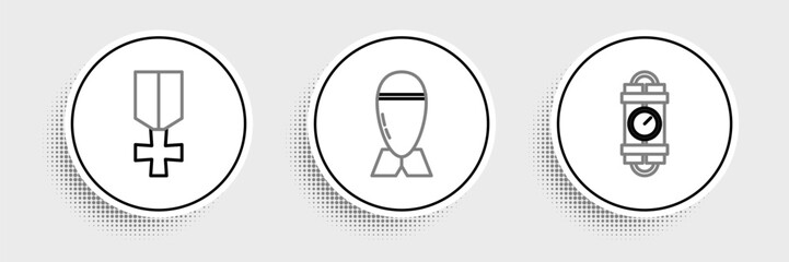 Set line Detonate dynamite bomb stick and timer clock, Military reward medal and Aviation icon. Vector