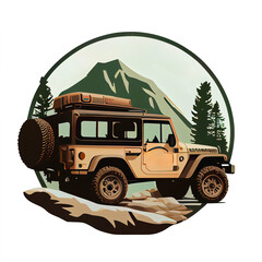 Generative AI illustration of a Overland adventure vehicle 4x4 in outdoor circle emblem badge logo vector isolated
