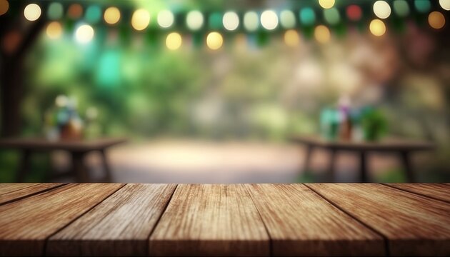 Empty wooden table top whit party birthday  background blurred, good for product display, by ai generative