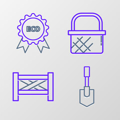 Set line Shovel, Garden fence wooden, Shopping basket and Banner, label, tag, logo for eco icon. Vector
