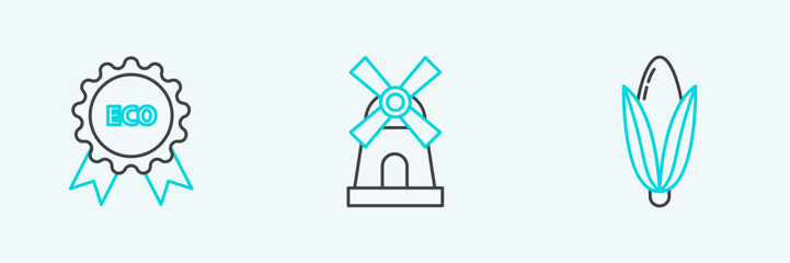 Set line Corn, Banner, label, tag, logo for eco and Windmill icon. Vector