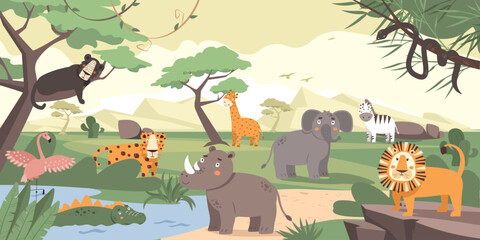 Cute African animals on exotic tropical landscape. Savannas, reptiles and birds on panoramic colorful landscape with a wild inhabitant. Inhabitants of the savannah. Cartoon vector illustration