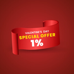 1 percent Special red offer banner design, Red ribbon on red background used in product price tag or banners concept. special Valentine Day. Vector illustration