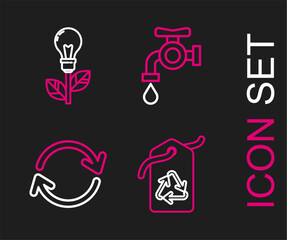 Set line Tag with recycle symbol, Refresh, Water tap and Light bulb leaf icon. Vector