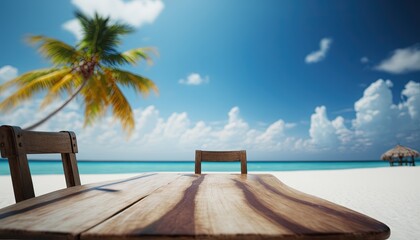 Fototapeta premium Top of wood table with blurred sea and coconut tree background - Empty ready for your product display montage. Concept of beach in summer by ai generative 