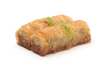 Baklava with pistachios isolated on white.