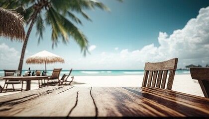Top of wood table with blurred sea and coconut tree background - Empty ready for your product display montage. Concept of beach in summer by ai generative 