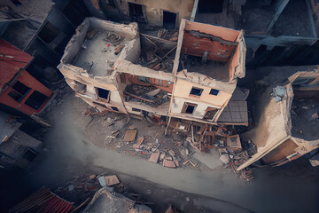  Photo capture the aftermath an earthquake in Turkey, showing a destroyed multistory building from a top view perspective captured by a drone. The building appears to have sustained significant Ai - obrazy, fototapety, plakaty
