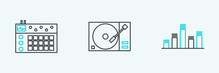 Set line Music equalizer, Drum machine and Vinyl player with vinyl disk icon. Vector