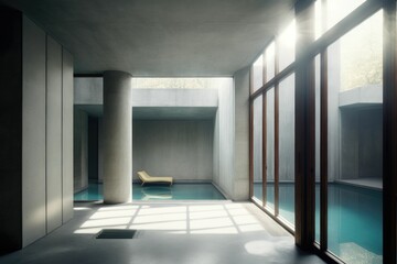 Indoor pool room interior design, modern concrete, made with Generative AI