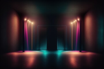 Spotlights illuminate empty stage with dark background ,made with Generative AI