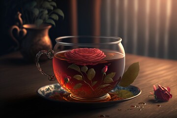 Illustration of rose and herbal tea, romantic and luxury atmosphere ,made with Generative AI
