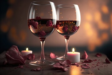 Glass of wine with rose for romantic atmosphere ,made with Generative AI