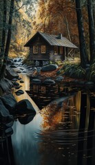 Old cabin in the woods near the river, mountain landscape ,made with Generative AI