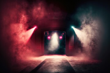 Spotlights illuminate empty stage with dark background ,made with Generative AI - obrazy, fototapety, plakaty