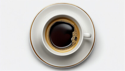 Classic white coffee cup with saucer, full of black coffee on a white background