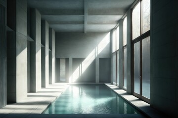 Indoor pool room interior design, modern concrete, made with Generative AI