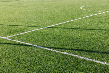 Detailed green soccer field grass lawn texture. White line in centre. Design stadium grass football. lineartificial surface