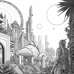 Solarpunk city sketch line art ,made with Generative AI
