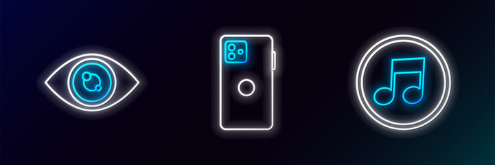 Set line Music note, tone, Eye and Smartphone, mobile phone icon. Glowing neon. Vector