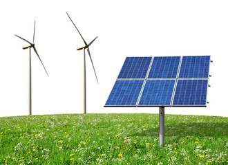 Solar energy panel and wind turbines isolated on transparent background, PNG. Clean energy concept. - 568873781
