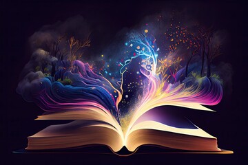 Spellbook, sorcery and magic. Open Book of spells with glow lights generative ai
