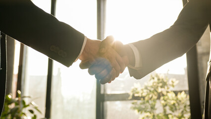 Close-up two men shake hands in office near window sunny sun background. Unrecognizable partners diverse businessmen conclude successful agreement support partnership cooperation greeting handshaking - obrazy, fototapety, plakaty