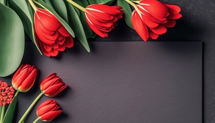 red floral on table with copy space, greeting card for International valentines Day. Flat lay by ai generative 