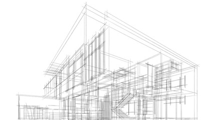 House concept sketch, architectural drawing 3d illustration