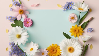 Naklejka na ściany i meble Top view blank paper Notebook, floral and blank greeting card in pastel color. Top view over table, mockup greeting card by ai generative