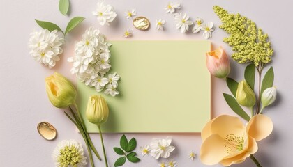 Top view blank paper Notebook, floral and blank greeting card in pastel color. Top view over table, mockup greeting card by ai generative