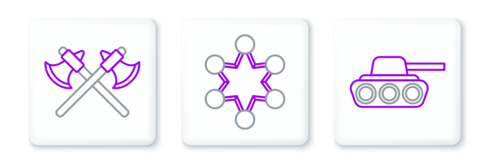 Set line Military tank, Crossed medieval axes and Police badge icon. Vector