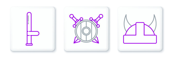 Set line Viking in horned helmet, Police rubber baton and Wooden shield with crossed swords icon. Vector