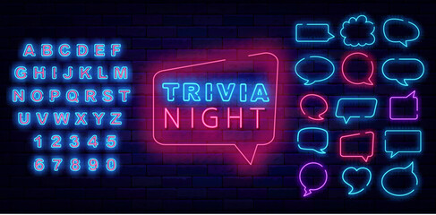 Trivia night neon sign. Speech bubbles frames set. Quiz show. Game competition. Vector stock illustration