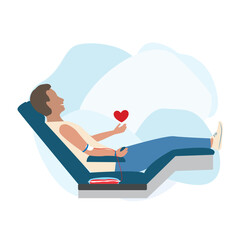 Blood donor. A volunteer at a medical center donates blood. Blood donation. World Blood Donor Day. Thanks for saving lives. Vector illustration template for postcard, poster, media.