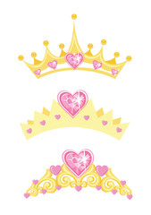 Princess crown or tiara with pearls and pink gems in the shape of a heart. Set of vector illustrations of princess jewels in cartoon style isolated on white background. © liana2012