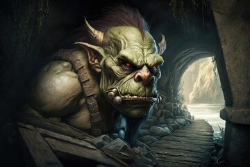 A troll with a hulking form and a scowling expression, hiding under a bridge and waiting for its next victim.Digital art painting,Fantasy art,Wallpaper